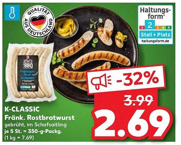 K-CLASSIC Fränk. Rostbratwurst, 5 St. im 350-g-Pack