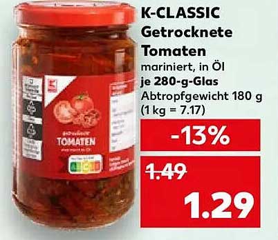 K-CLASSIC Getrocknete Tomaten mariniert, in Öl 280-g-Glas