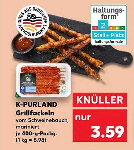 K-PURLAND Grillfackeln vom Schweinebauch, mariniert je 400-g-Pack.