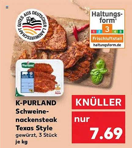 K-PURLAND Schweinenackensteak Texas Style, gewürzt, 3 Stück je kg