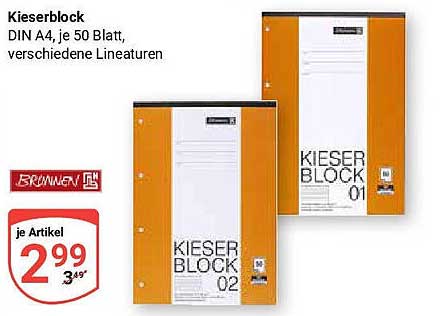 Kieserblock DIN A4, je 50 Blatt, verschiedene Lineaturen