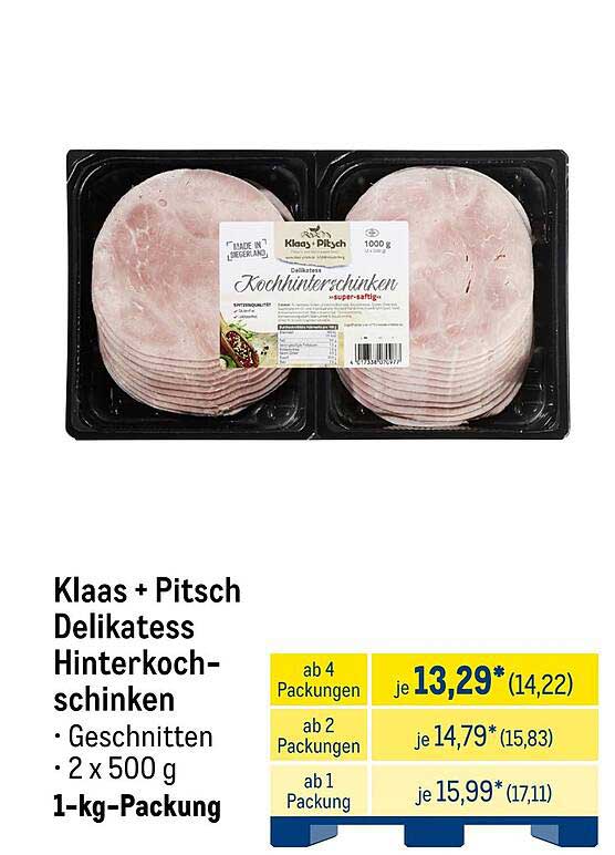 Klaas + Pitsch Delikatess Hinterkochschinken - Geschitten, 1-kg-Packung