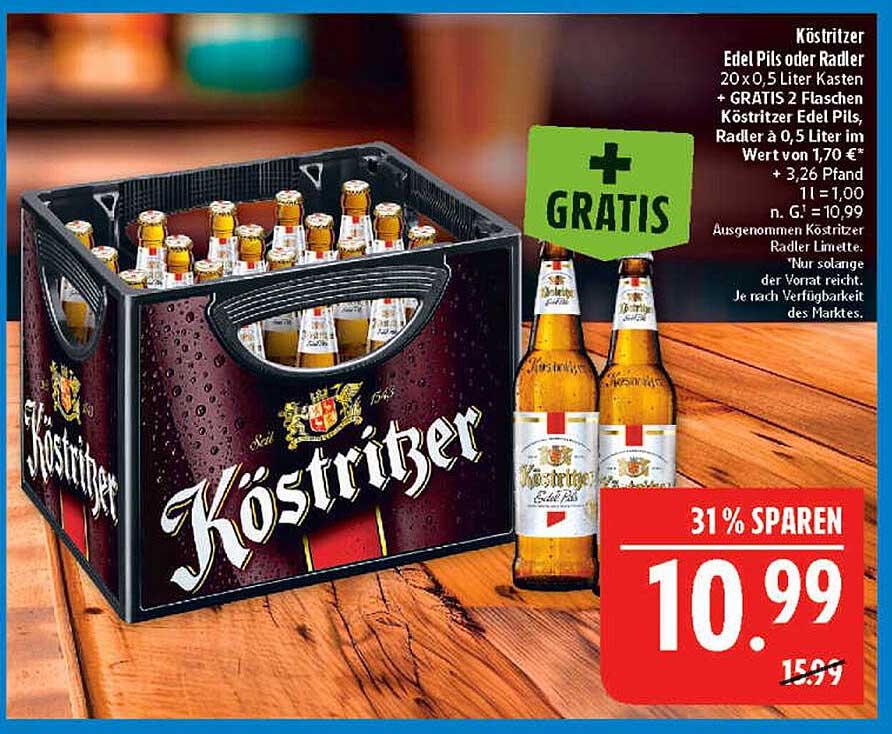 Köstritzer Edel Pils oder Radler 20 x 0,5 Liter Kasten + GRATIS 2 Flaschen Köstritzer Edel Pils, Radler 0,5 Liter