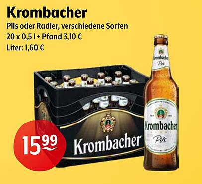 Krombacher Pils oder Radler 20 x 0,5 l + Pfand 3,10 €