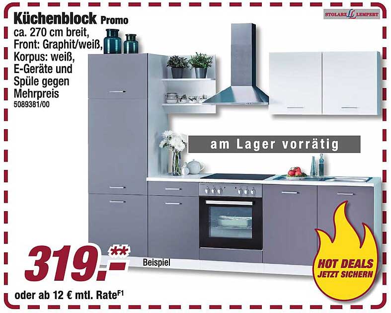 Küchenblock Promo ca. 270 cm breit, Front: Graphit/weiß, Korpus: weiß, E-Geräte und Spüle gegen Mehrpreis