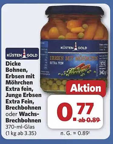 KÜSTEN GOLD Dicke Bohnen, Erbsen mit Möhren Extra fein, Junge Erbsen Extra Fein oder Brechbohnen 370-ml-Glas