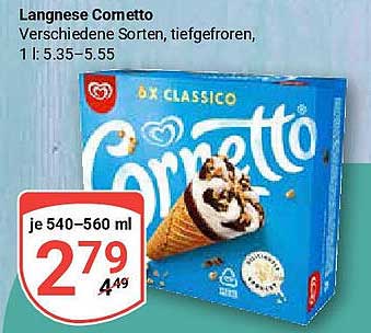 Langnese Cornetto, verschiedene Sorten, tiefgefroren, 540–560 ml