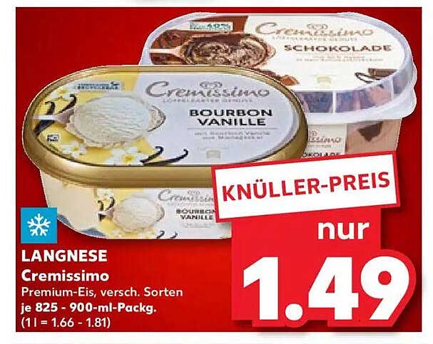 LANGNESE Cremissimo Premium-Eis, verschiedene Sorten 825 – 900-ml-Packung
