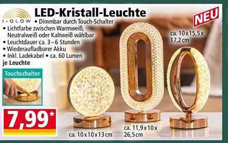 LED-Kristall-Leuchte - Dimmbare Lichtfarbe durch Touch-Schalter