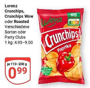 Lorenz Crunchips, Crunchips Wow oder Roasted, verschiedene Sorten oder Party Clubs