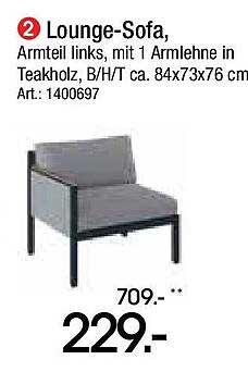 Lounge-Sofa, Armteil links, mit 1 Armlehne in Teakholz, B/H/T ca. 84x73x76 cm