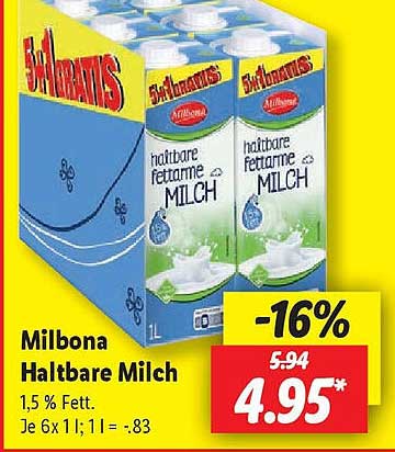 Milbona Haltbare Milch 1,5 % Fett