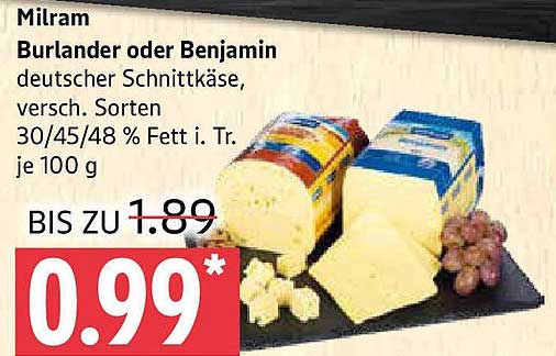 Milram Burlander oder Benjamin deutscher Schnittkäse, versch. Sorten