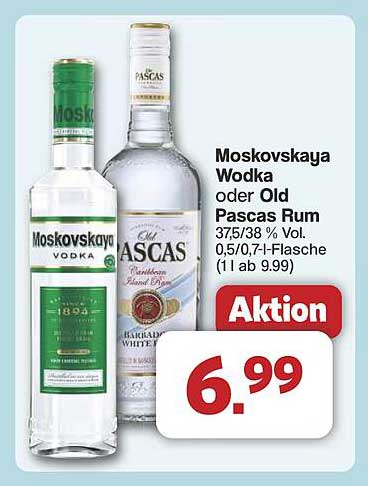 Moskowskaya Vodka oder Old Pascas Rum 0,5/0,7l-Flasche für nur 6,99 €