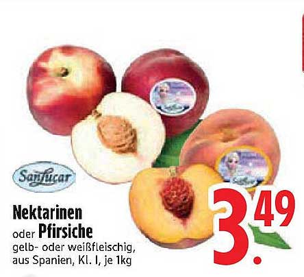 Nektarinen oder Pfirsiche, gelb- oder weißfleischig, aus Spanien, Kl. I, je 1kg