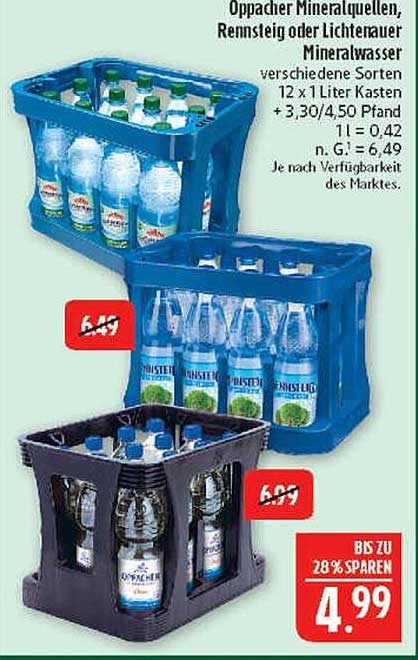 Oppacher Mineralquellen, Rennsteig oder Lichtenauer Mineralwasser 12 x 1 Liter Kasten