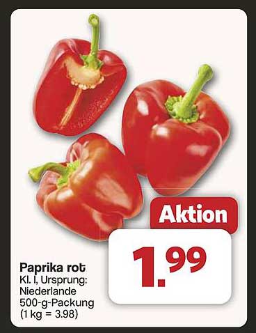 Paprika rot Kl. I, Ursprung: Niederlande - 500-g-Packung