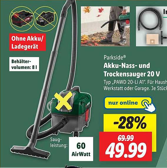 Parkside® Akku-Nass- und Trockensauger 20 V - 28% Rabatt!