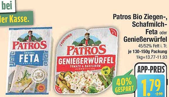 Patros Bio Ziegen-, Schafmilch-Feta oder Genießerwürfel 130-150g