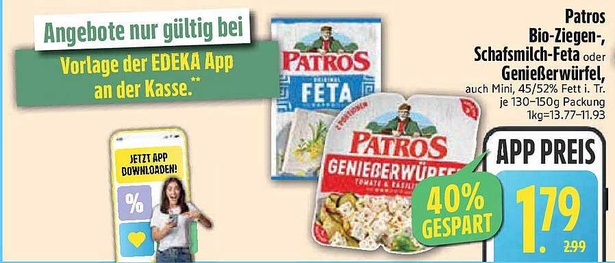 Patros Bio-Ziegen-, Schafsmilch-Feta oder Genießwürfel, auch Mini, 130-150g Packung