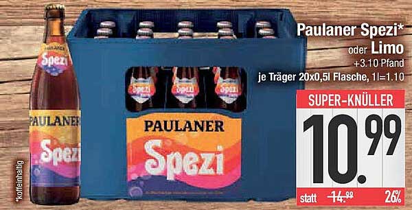 Paulaner Spezi* oder Limo je Träger 20x0,5l Flasche, 1l = 1,10