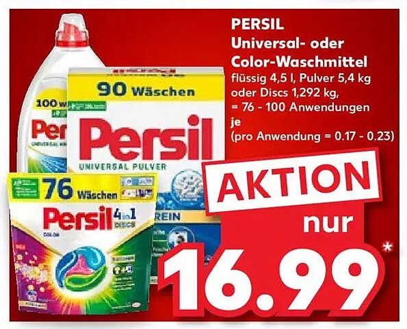 PERSIL Universal- oder Color-Waschmittel 4,5 l Flüssig oder 5,4 kg Pulver oder Discs 1,292 kg