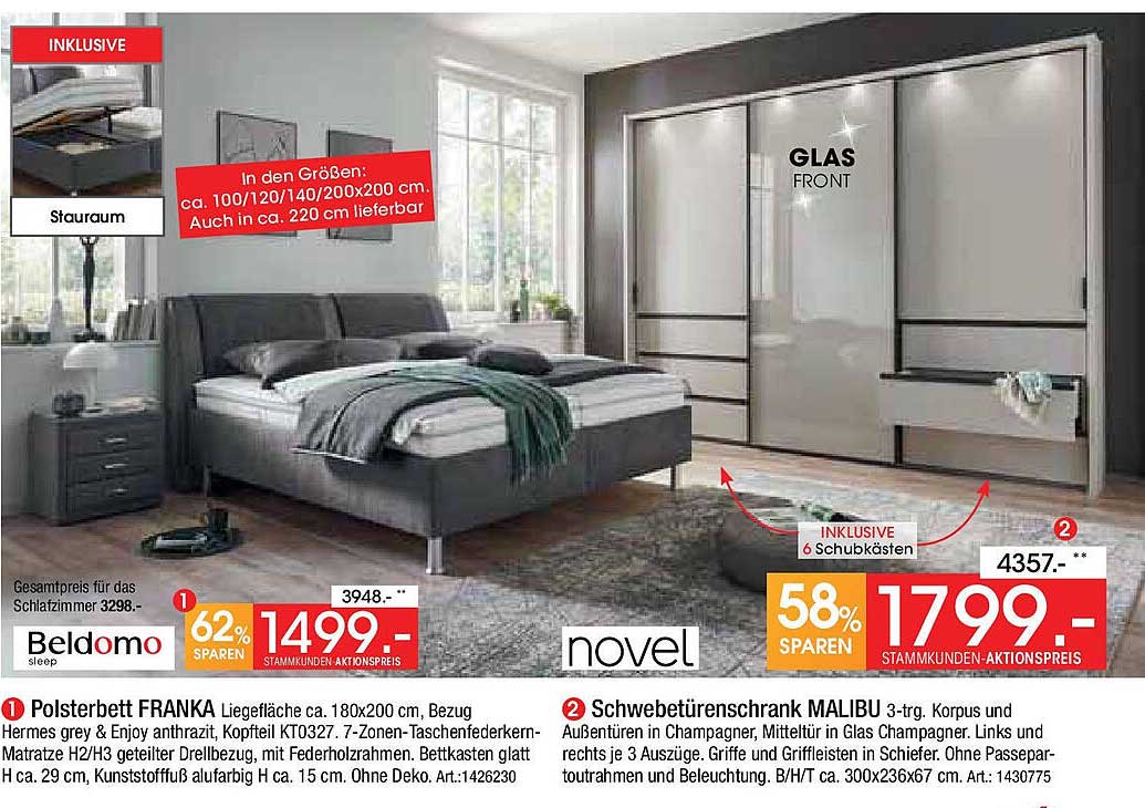 Polsterbett FRANKA und Schwebetüren-Schrank MALIBU - Komfort und Stil vereint