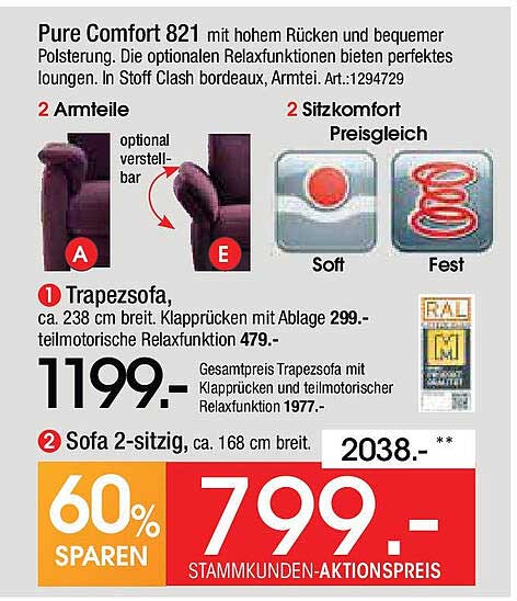 Pure Comfort 821: Komfortables Sofa mit Relaxfunktion
