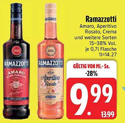 Ramazzotti Amaro, Aperitivo Rosato, Crema und weitere Sorten 15–38% Vol.