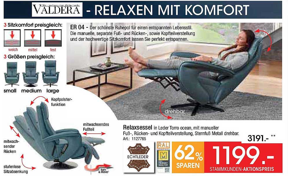 Relaxsessel in Leder Torro ocean, mit manueller Fuß-, Rücken- und Kopfteilverstellung