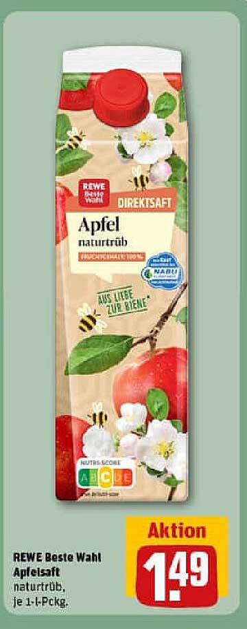 REWE Beste Wahl Apfelsaft naturtrüb, je 1-L-Pckg.