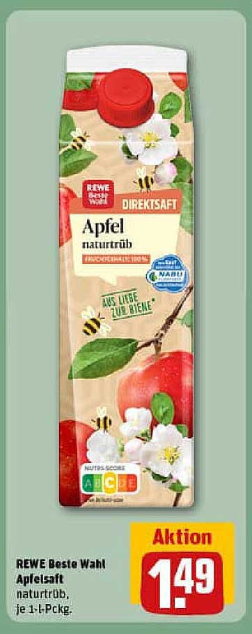 REWE Beste Wahl Apfelsaft naturtrüb, je 1-L-Pckg.