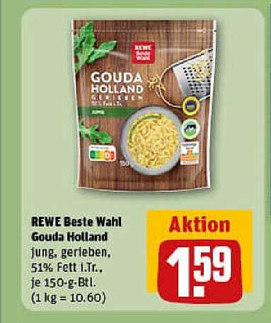 REWE Beste Wahl Gouda Holland jung, gerieben, 51% Fett i.Tr., je 150-g-Btl.