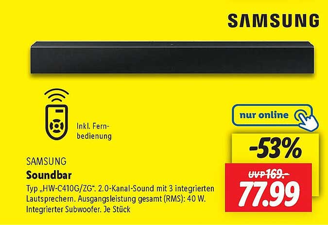 Samsung Soundbar HW-C410G/ZG - 2.0-Kanal-Sound mit 3 integrierten Lautsprechern