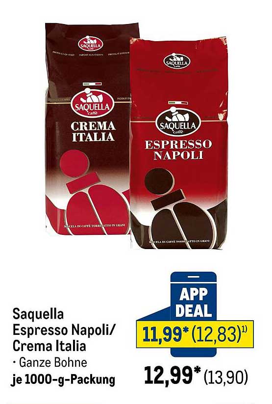 Saquella Espresso Napoli/Crema Italia - Ganze Bohne je 1000-g-Packung