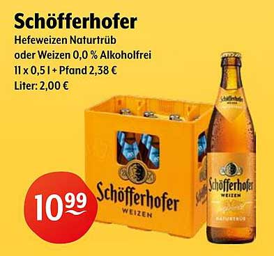 Schöfferhofer Hefeweizen Naturtrüb oder Weizen 0,0 % Alkoholfrei 11 x 0,5 l + Pfand 2,38 €