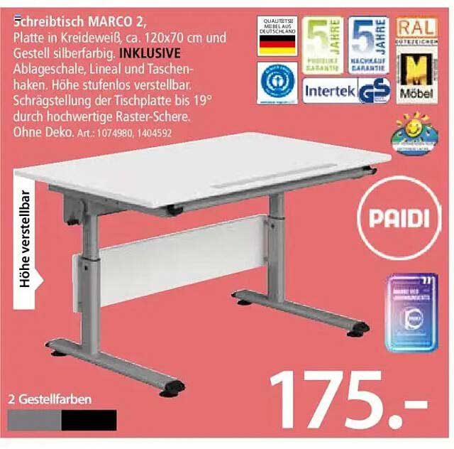 Schreibtisch MARCO 2 in Kreideweiß und Silber