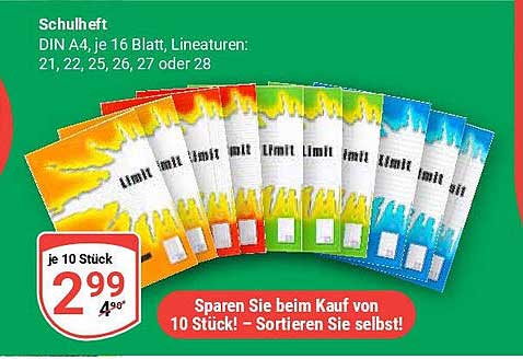 Schulheft DIN A4 - je 16 Blatt, Lineaturen: 21, 22, 25, 26, 27 oder 28