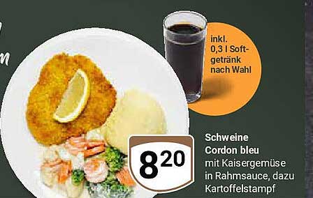 Schweine Cordon bleu mit Kaisergemüse in Rahmsauce, dazu Kartoffelstampf