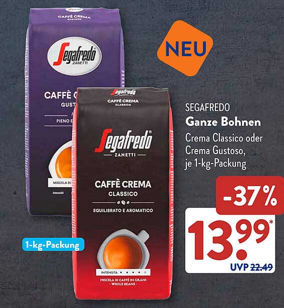 SEGAfreddo Ganze Bohnen – Crema Classico oder Crema Gustoso, je 1-kg-Packung