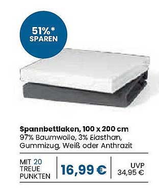 Spannbettlaken, 100 x 200 cm, 97% Baumwolle, 3% Elasthan, Gummizug, Weiß oder Anthrazit