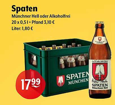Spaten Münchner Hell oder Alkoholfrei – 20 x 0,5 l + Pfand 3,10 €