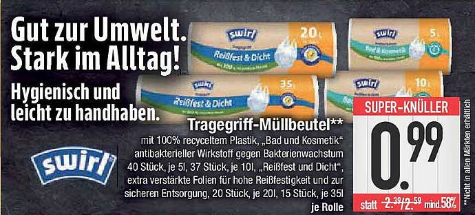swirl Tragegriff-Müllbeutel mit 100% recyceltem Plastik