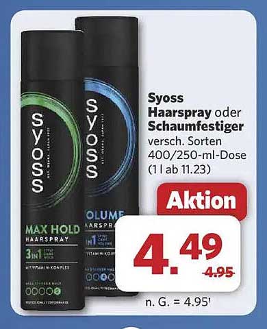 Syoss Haarspray oder Schaumfestiger verschiedene Sorten 400/250-ml-Dose (1 l ab 11.23)
