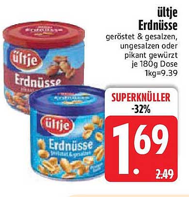 ültje Erdnüsse geröstet & gesalzen oder ungesalzen 180g Dose