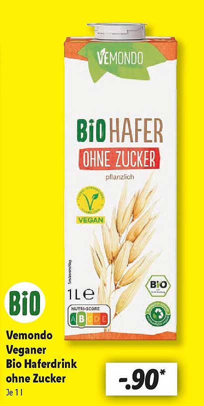 Vemondo Bio Haferdrink ohne Zucker 1L