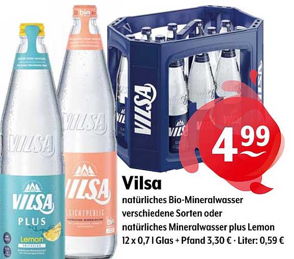 Vilsa natürliches Bio-Mineralwasser verschiedene Sorten oder natürliches Mineralwasser plus Lemon 12 x 0,7 l Glas + Pfand 3,30 € - Liter: 0,59 €