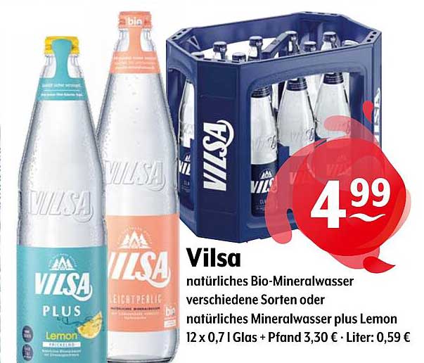 Vilsa natürliches Bio-Mineralwasser verschiedene Sorten oder natürliches Mineralwasser plus Lemon 12 x 0,71 Glas
