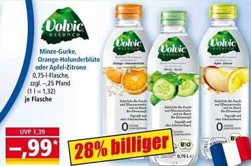 Volvic Essence – Minze-Gurke, Orange-Holunderblüte oder Apfel-Zitrone 0,75-Liter-Flasche