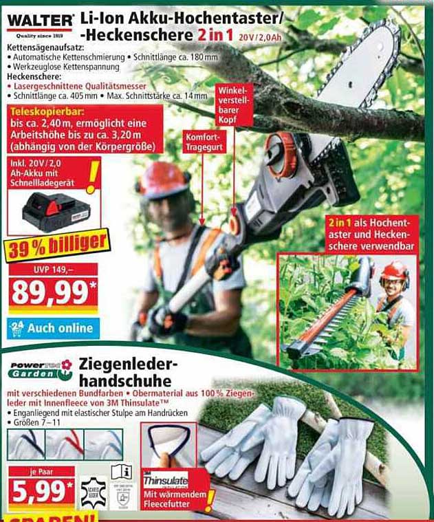 WALTER Li-Ion Akku-Hochentaster-/Heckenschere 2 in 1 20V/2,0Ah